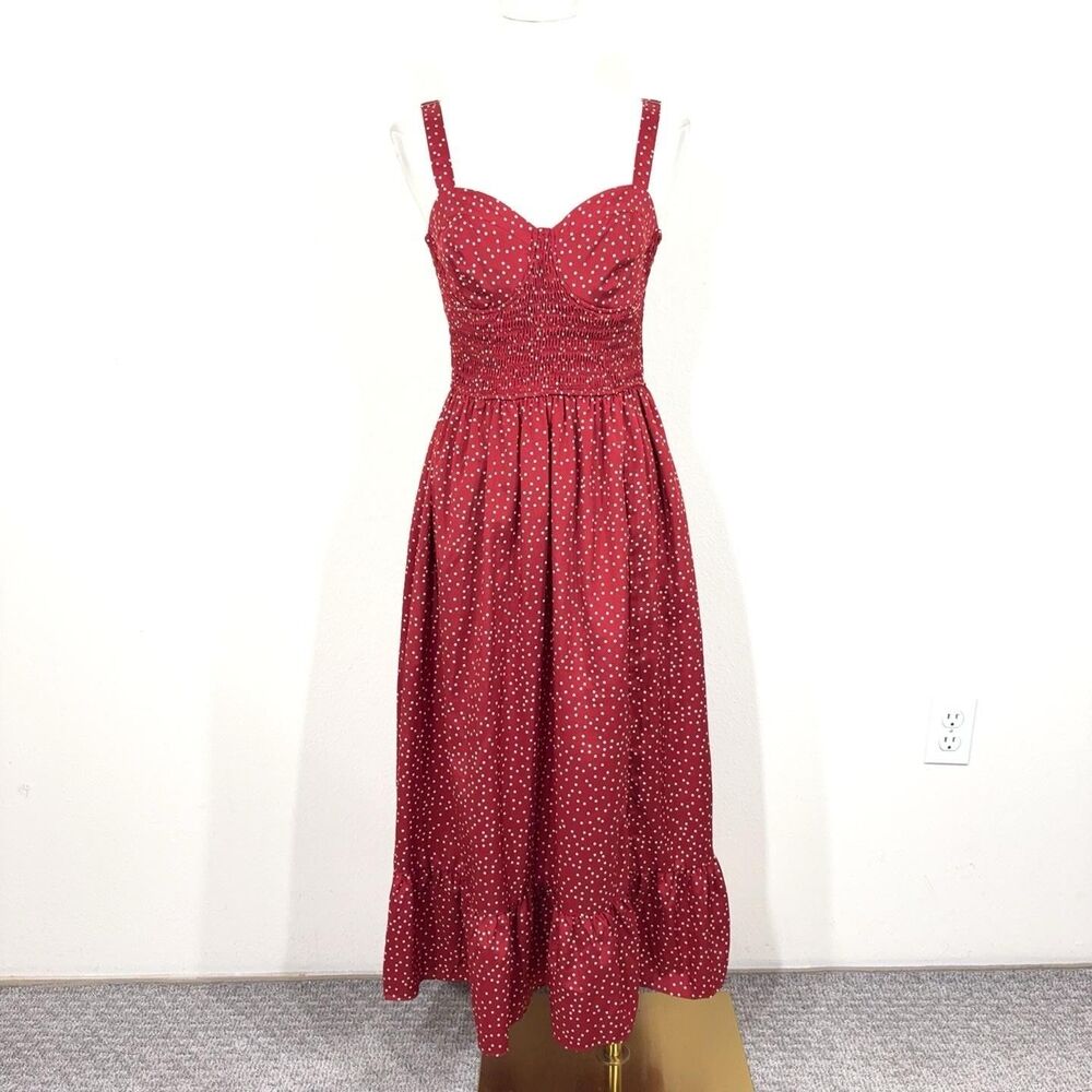 VICI Dress Womens Small Red Polka Dot Smocked Fit Flare Midi Sundress Ruffle